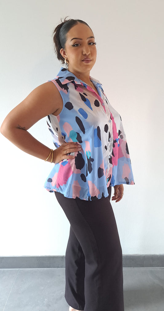 Chemise Bleu Imprimé Sans Manches