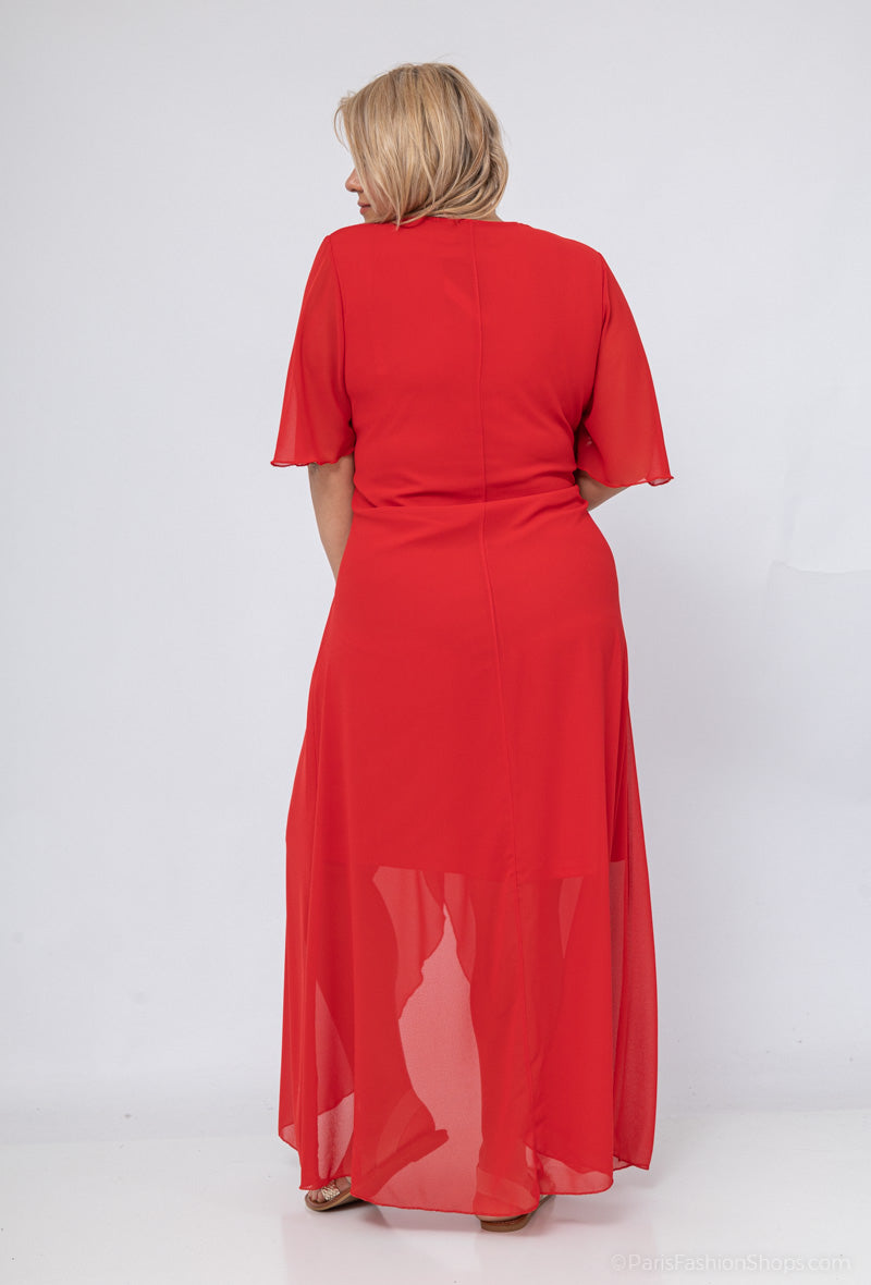 Robe Longue Fendue en Mousseline Rouge