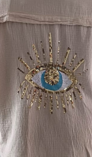 Détail motif dos chemise femme gaz de coton beige fluide taille unique 40/50