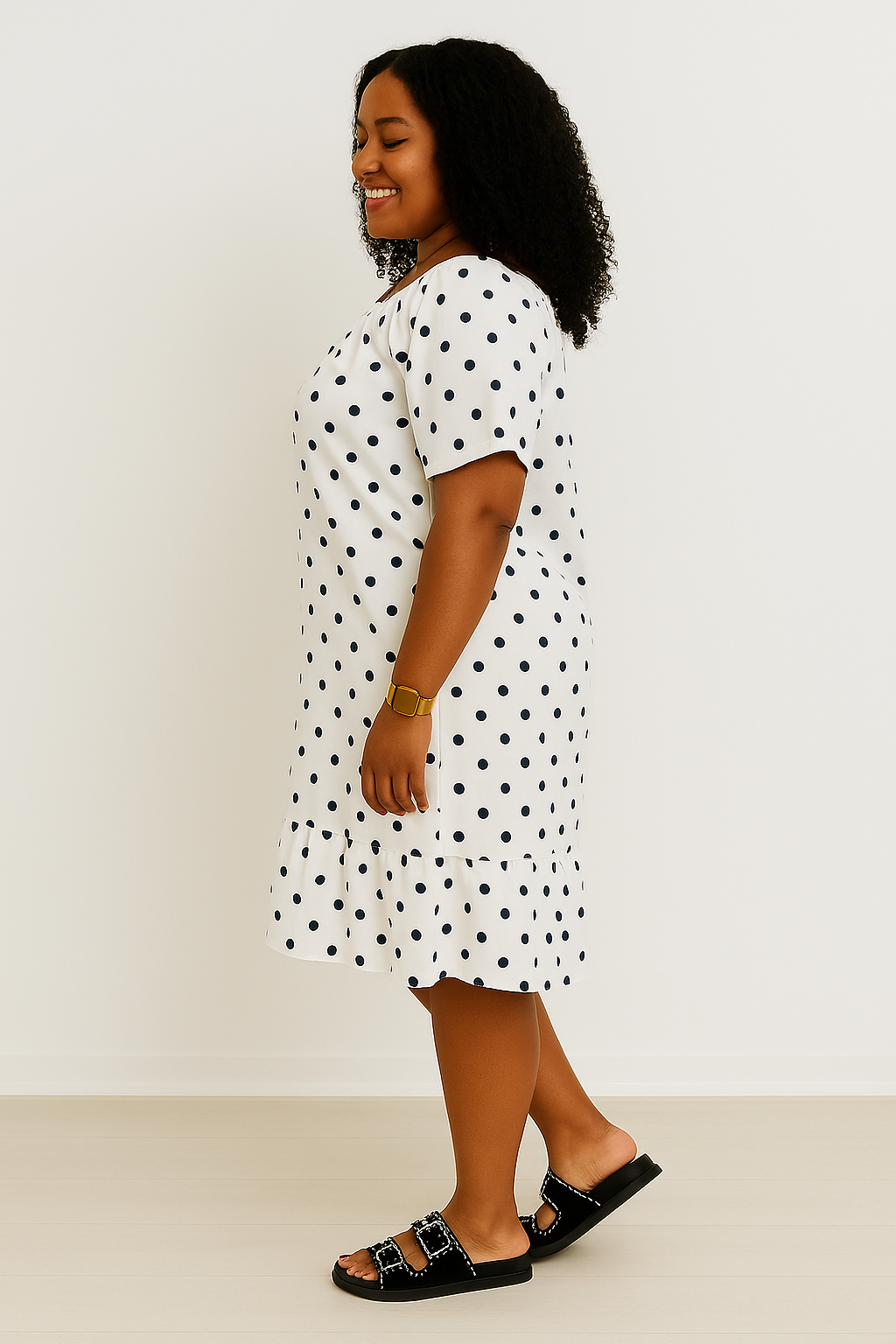 Robe blanche grande taille à pois noirs, coupe ample et épaules dénudées, en viscose légère pour l’été