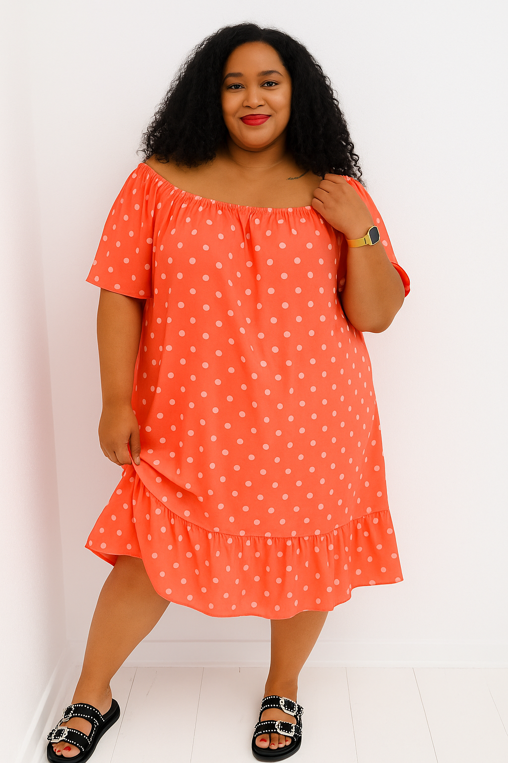 Robe grande taille corail à pois blancs pour femme, modèle été fluide en viscose, taille 42 à 48