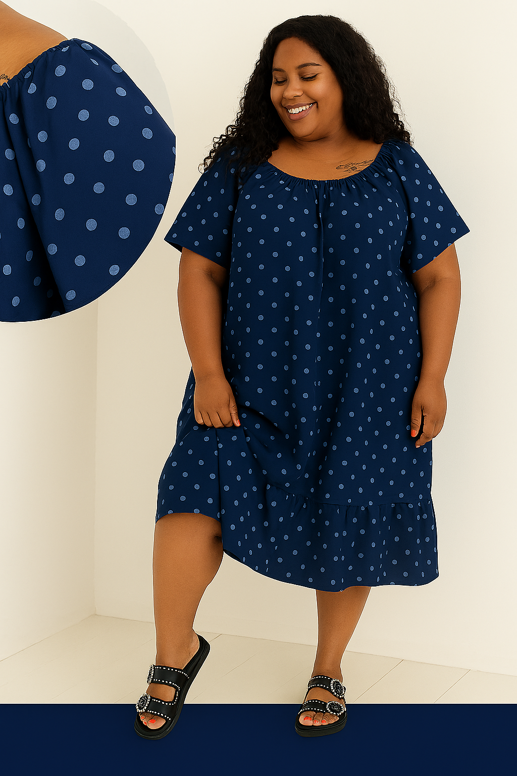 Robe en viscose bleu marine à pois, modèle femme grande taille, élégant et confortable, disponible du 42 au 48