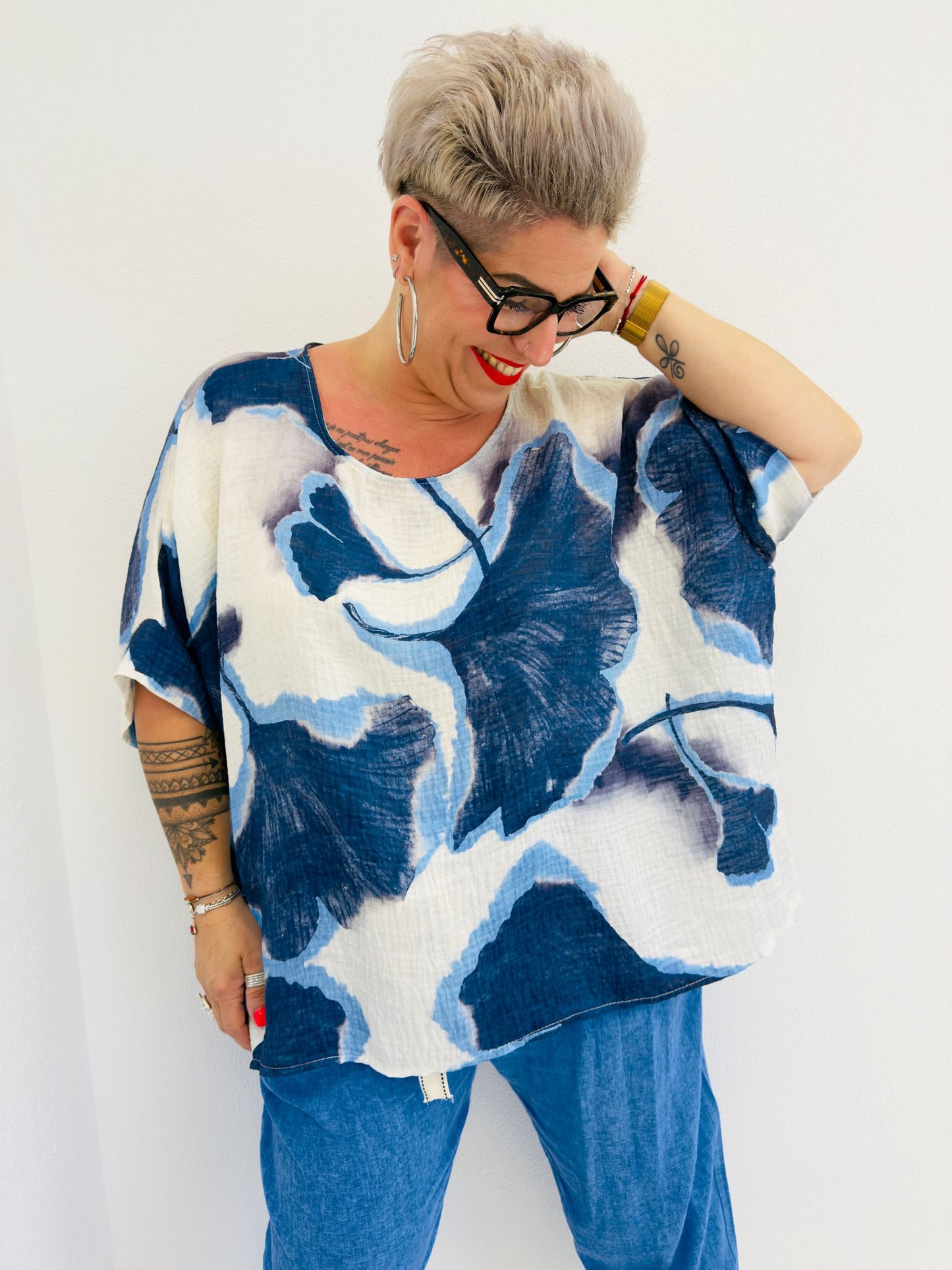 Top Grande Taille Femme en Viscose & Tencel Bleu et Blanc