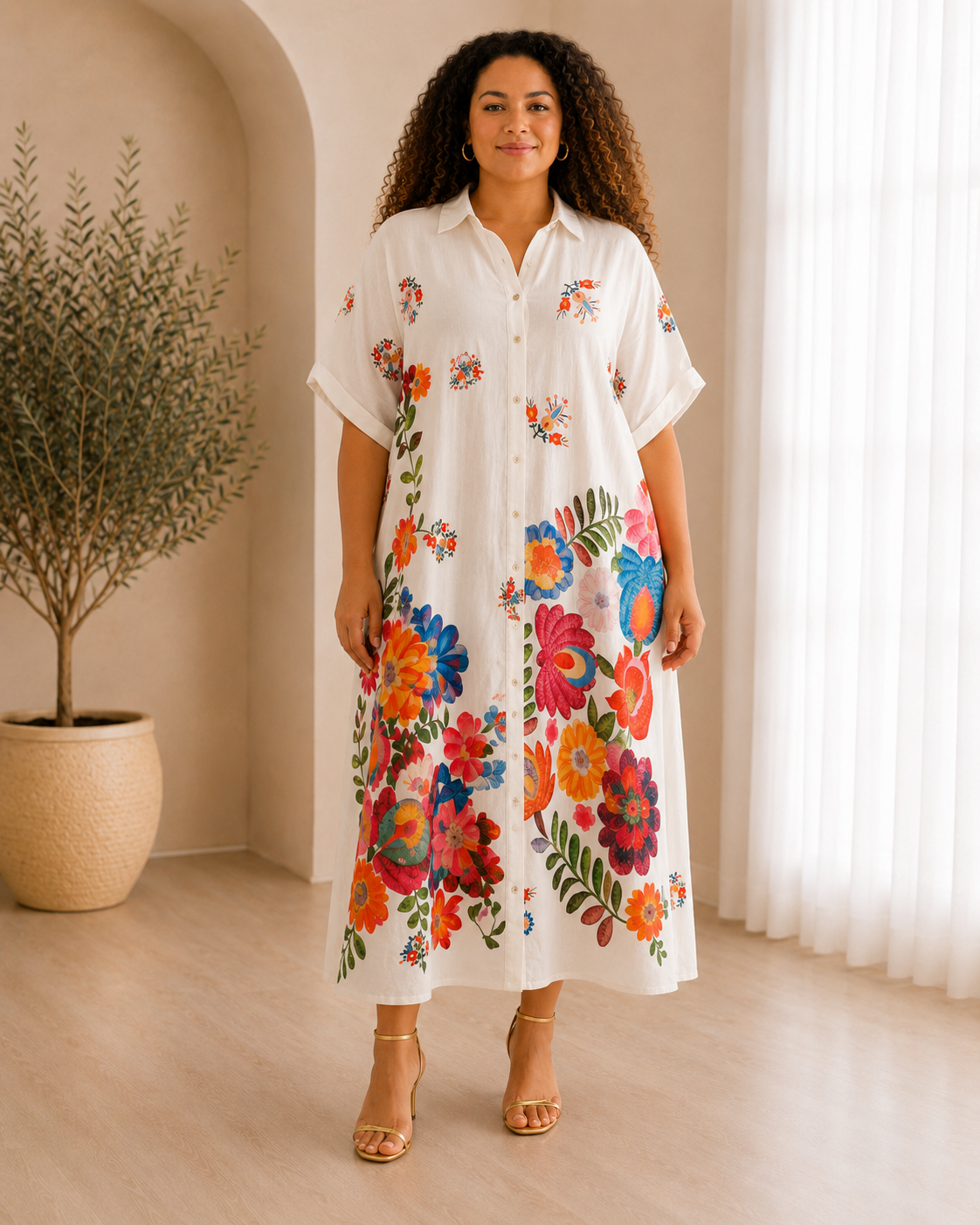 Robe Chemise Femme en viscose imprimée fleurs