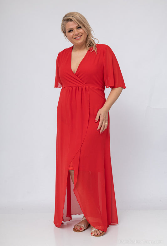 Robe Longue Fendue en Mousseline Rouge