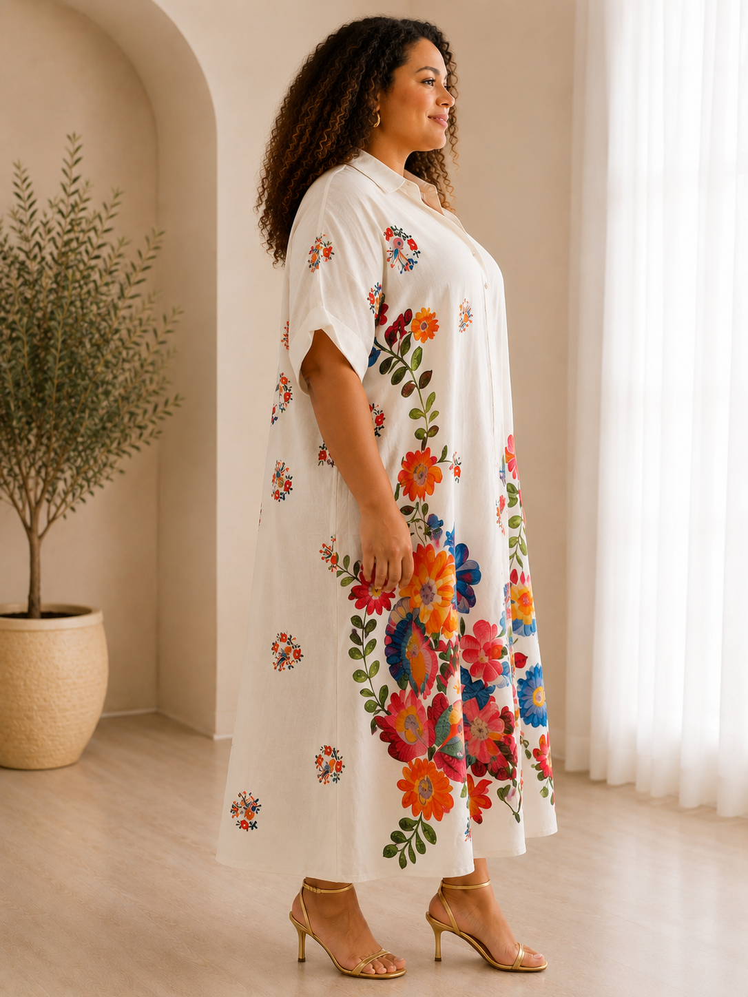 Robe Chemise Femme en viscose imprimée fleurs