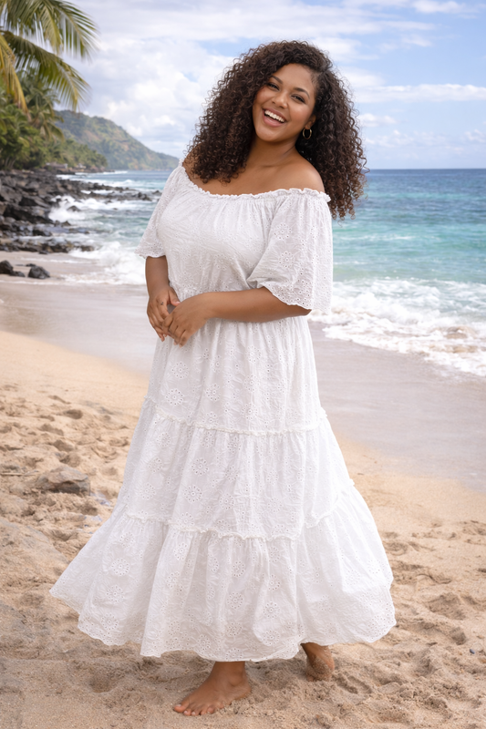 Robe longue bohème en broderie anglaise 100% coton