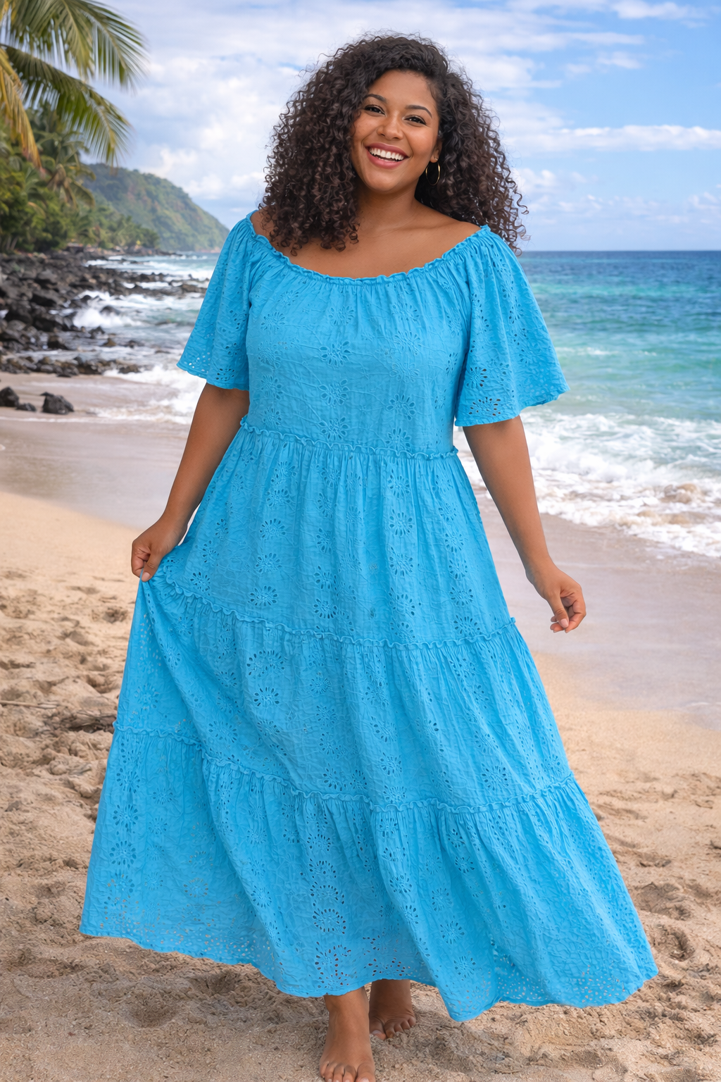 Robe longue bohème en broderie anglaise 100% coton